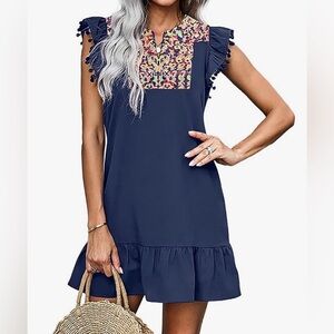 Women’s Embroidered Mini Dress with Pom Pom Cap Sleeves. Size M